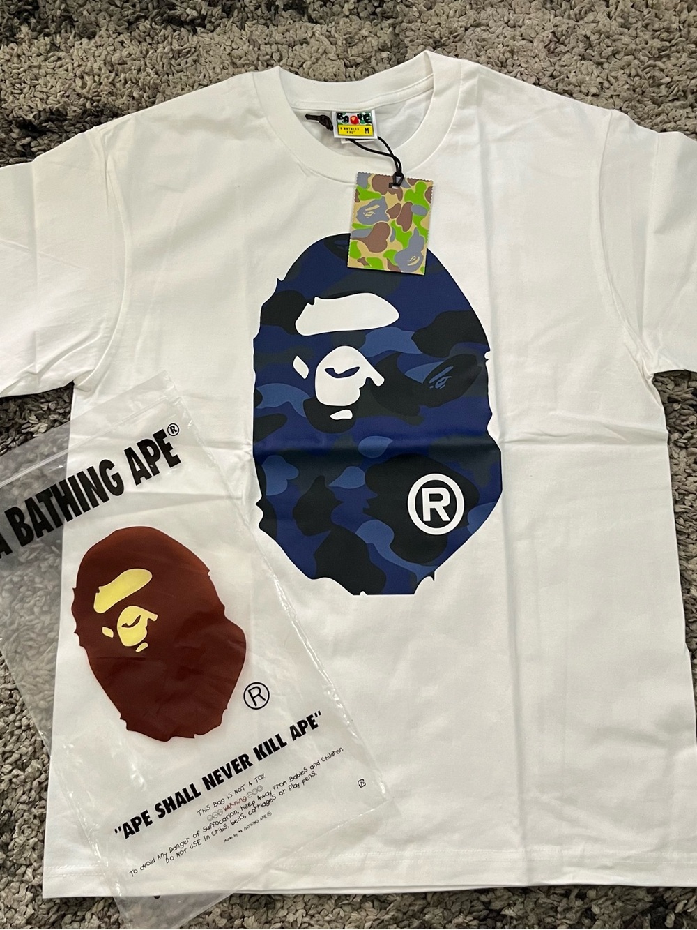 A Bathing Ape White Short-Sleeve Tee with Blue Camo Ape Head
